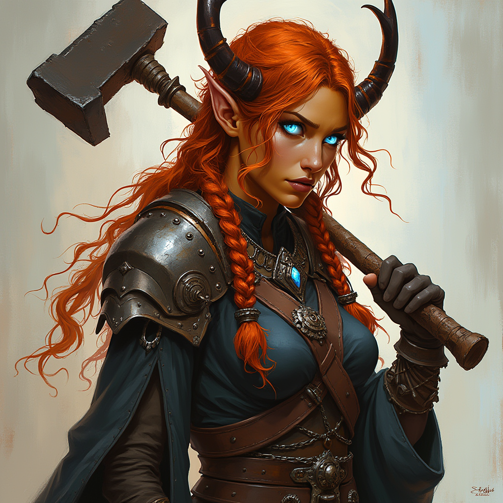 Dungeons and dragons character concept portrait. Female Paladin, Tiefling race, The tiefling is a tall and striking figure with a lean and muscular build. Sharp horns that grow amidst the hairline. Tieflings have glowing eyes which give them an otherworldly appearance. Tieflings favor bold clothing incorporating dark colors and intricate patterns Tiefling female, blacksmith, orange-gold skin,  fire red wavy hair tied up in messy braids, bright blue-white fiery eyes, multi-tipped antler horns growing out of her head, carries a large hammer, muscular and stocky, wearing blacksmith's attire, , intricate, elegant, highly detailed, digital painting, artstation, concept art, smooth, sharp focus, illustration, art by stable diffusion ai's favorite artists