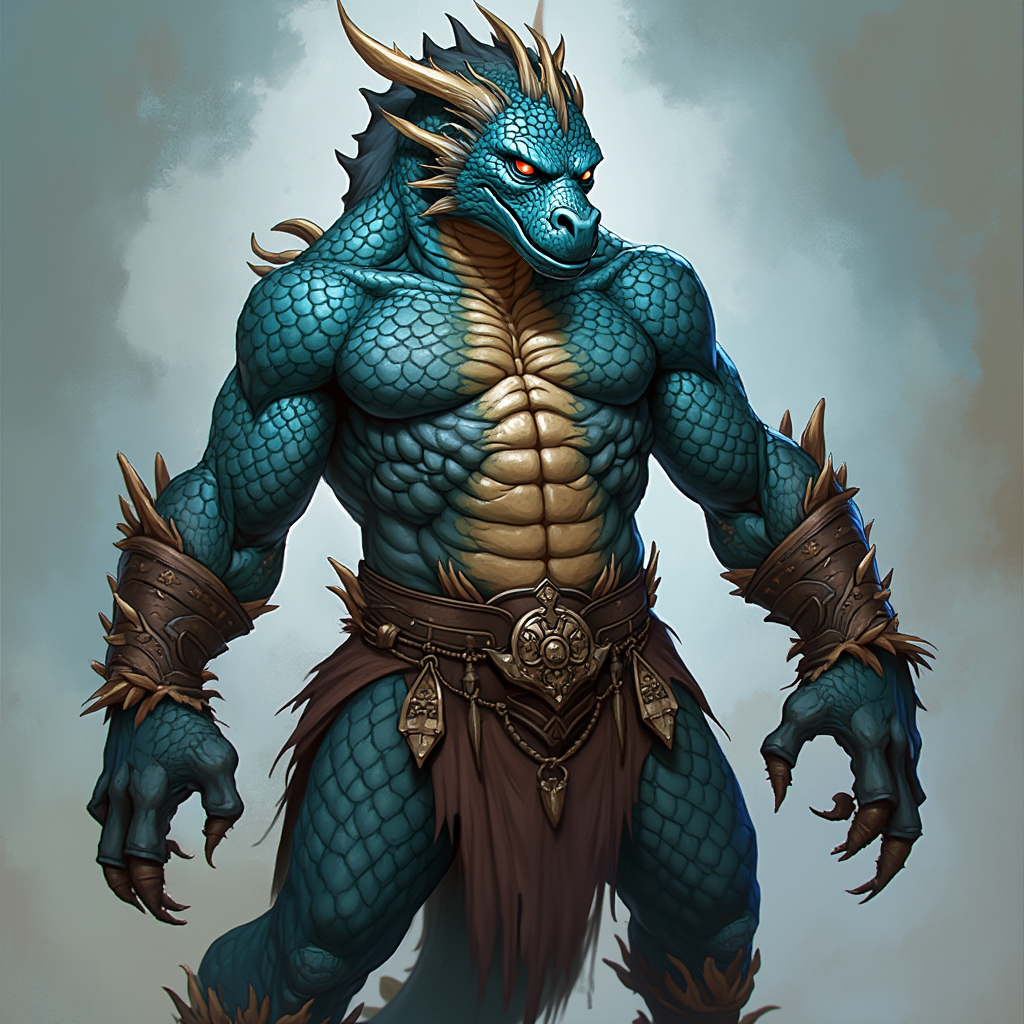 Dungeons and dragons character concept portrait. Male Barbarian, Dragonborn race, The dragonborn is a tall and muscular humanoid, covered in fine, leather scales with larger scales on their forearms, legs, shoulders, and thighs. They have clawed hands and feet with three fingers and a thumb. Their face has a blunt snout, strong brow, and frills near the cheeks and ears. A crest of horn-like scales runs down the back of their head, resembling thick, ropy hair. Their eyes are red or gold Sapphire scales with an obsidian belly with a fierce expression with bright blue eyes, , intricate, elegant, highly detailed, digital painting, artstation, concept art, smooth, sharp focus, illustration, art by stable diffusion ai's favorite artists