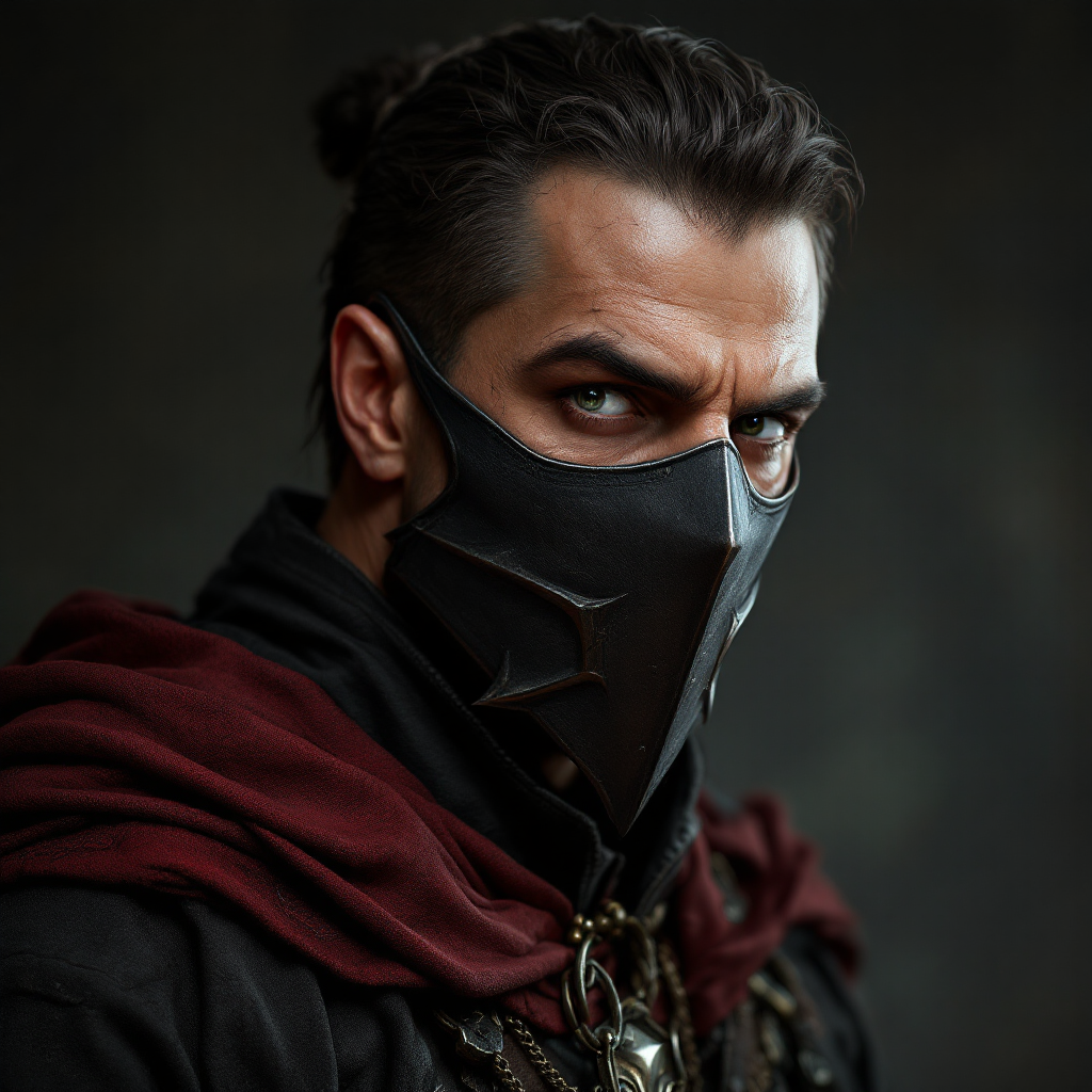 Dungeons and dragons character concept portrait. Male Cleric, Human race, Normal human anatomy and human face, non-fantasy features. Humans have strong jawline and rounded face features, with rounded eyes A war cult leader in a mask, , dnd photography, dnd live action, realistic dnd portrait, medium shot portrait, highly detailed, dynamic shot, 4k photo