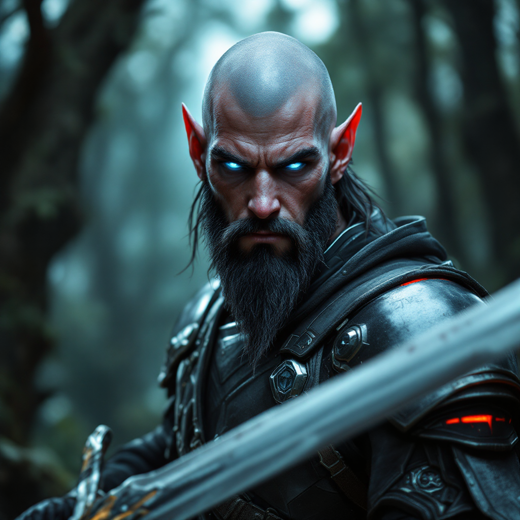 Dungeons and dragons character concept portrait. Male Paladin, Elf race, The elf is a slender, athletic figure, standing about the same height as a human. Elves have bright eyes. Elves have angular features and angular eyes. Their hair long with loose hairstyle RED skin, male, 5 feat tall,  bald head, blue pupils, short black beard, grey armor, wielding a two handed sword, forest background, , dnd photography, realistic dnd portrait, high-tech character, cyberpunk dnd character, cyberpunk tech elements, cyberpunk neon accent, tech apparel, tech armor, tech weapons, tech clothing, tech lighting, sci-fi dnd character, medium shot portrait, highly detailed, dynamic shot, 4k photo