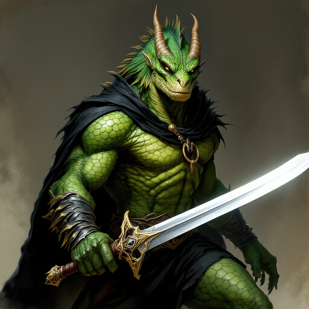 Dungeons and dragons character concept portrait. Male Fighter, Dragonborn race, The dragonborn is a tall and muscular humanoid, covered in fine, leather scales with larger scales on their forearms, legs, shoulders, and thighs. They have clawed hands and feet with three fingers and a thumb. Their face has a blunt snout, strong brow, and frills near the cheeks and ears. A crest of horn-like scales runs down the back of their head, resembling thick, ropy hair. Their eyes are red or gold He has the appearance of a green chameleon Lizard-folk. He wears the Cloak of Arachnida: A fine garment made of black silk interwoven with faint silvery threads, and under the cloak he wears common clothes . He is wielding A Sun Blade: a sword with a silver hilt and a blade of pure golden-white radiance that is thin as a wire. He has green eyes and a 1 single horn centered on his forehead., with green skin, , tech dnd character portrait, dnd tech character, highly detailed, high quality tech character, with technology elements, sci-fi dnd character