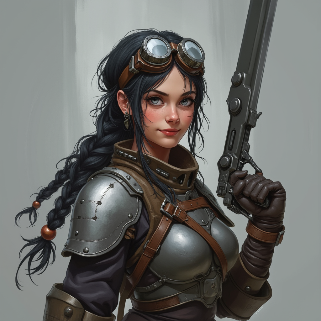 Dungeons and dragons character concept portrait. Female Fighter, Human race, Normal human anatomy and human face, non-fantasy features. Humans have strong jawline and rounded face features, with rounded eyes black hair, grey eyes, silver eyes, confident, engineer, pale skin, ashen skin, gunblade, gunbreaker, braided hair, smile, smug, light armor, goggles, human, grey skin, , dnd photography, dnd live action, realistic dnd portrait, medium shot portrait, highly detailed, dynamic shot, 4k photo