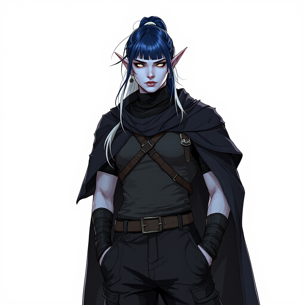 Dungeons and dragons character concept portrait. Male Barbarian, Human race, Normal human anatomy and human face, non-fantasy features. Humans have strong jawline and rounded face features, with rounded eyes Her Skin color pale blue tint. Her Clothing is fitted straight black cargo pants, black combat boots and a turtleneck tank top with a shadowy cloak. Hair is two-toned navy with white, in a long ponytail with straight-cut bangs across the forehead. Ears have many earrings that are spikes. She has a simple black septum piercing. Eyes are pale, glowing gray-blue. Facial expression is bored. She has an oval face shape. Her horns spiral upward and slightly back. Pose Standing with hands in pockets. , , dnd hand drawing, dnd drawing portrait, dnd character drawing, highly detailed hand drawing, high quality character drawing, colored drawing, colorful drawing, light background, solid background