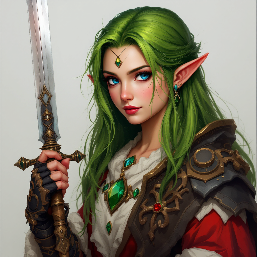 Dungeons and dragons character concept portrait. Female Druid, Dwarf race, The dwarf is a short and broad figure. Dwarves have long hair. Dwarves have rounded face features. Their clothing and gear are decorated with bold geometric designs, gems, and ancestral faces mischief making Christmas elf with green long hair and spakling blue eyes with a sword also she has a red and white dress, , dnd anime character portrait, dnd anime character, highly detailed, high quality anime character