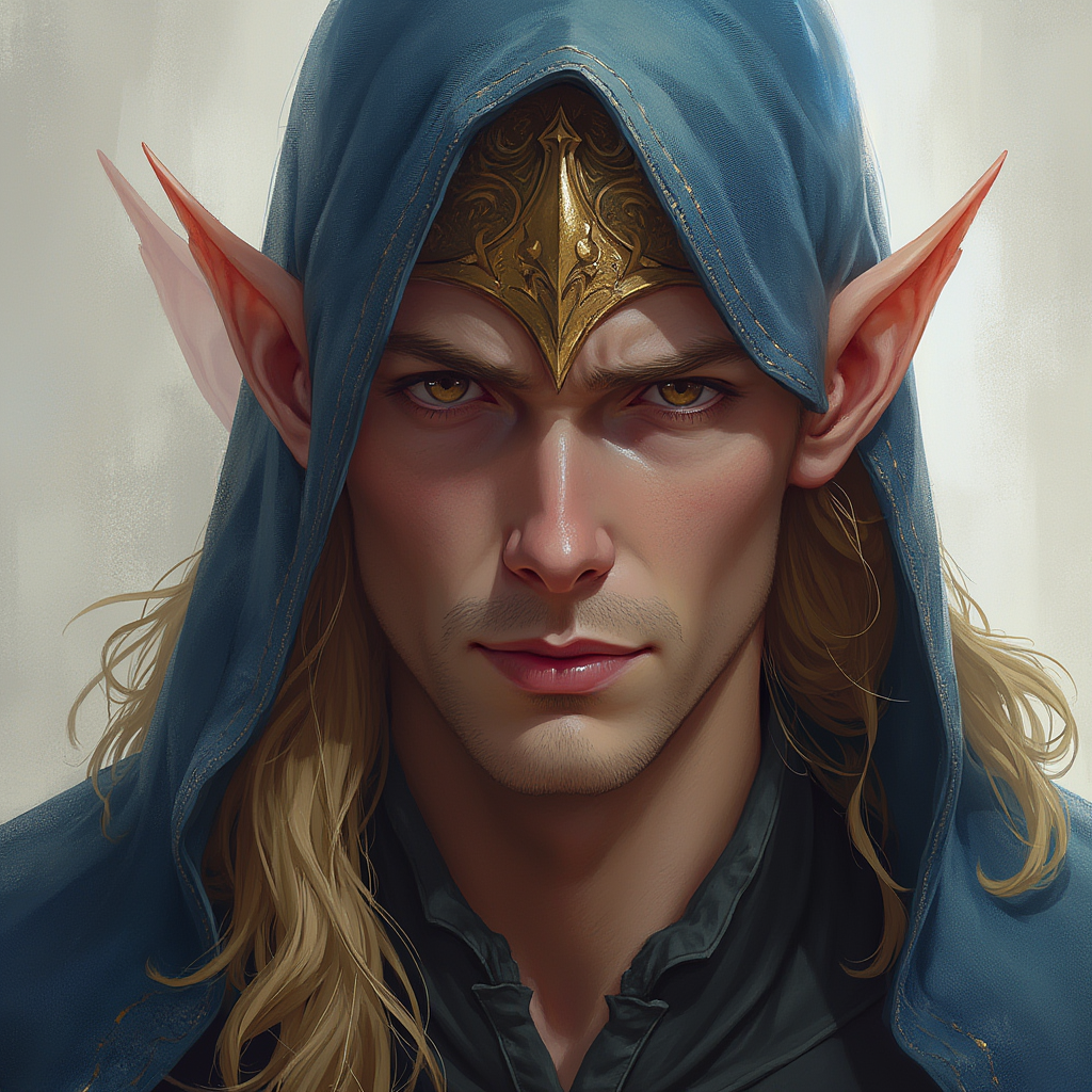 Dungeons and dragons character concept portrait. Male Sorcerer, Half-Elf race, The half-elf is a tall, slender figure. They have a graceful appearance with high cheekbones. Their eyes are typically vibrant and round like human eyes with long blonde hair, , intricate, elegant, highly detailed, digital painting, artstation, concept art, smooth, sharp focus, illustration, art by stable diffusion ai's favorite artists