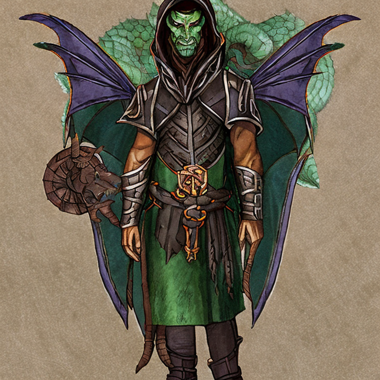 Dungeons and dragons character concept portrait. Male Fighter, Dragonborn race, dragon-skin, dragon-face, dragon-nose, dragon-ears, dragon-humanoid, a human with a dragon-head, He has the appearance of a green chameleon Lizard-folk. He wears the Cloak of Arachnida: A fine garment made of black silk interwoven with faint silvery threads, and under the cloak he wears common clothes . He is wielding A Sun Blade: a sword with a silver hilt and a blade of pure golden-white radiance that is thin as a wire. He has green eyes and a 1 single horn centered on his forehead., , intricate, elegant, highly detailed, digital painting, artstation, concept art, smooth, sharp focus, illustration, art by stable diffusion ai's favorite artists