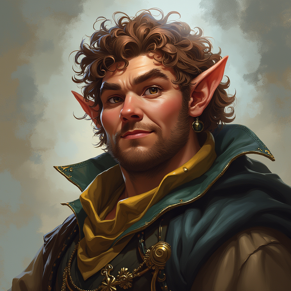 Dungeons and dragons character concept portrait. Male Sorcerer, Halflin race, The halfling is a stocky figure. They have a round face, large, expressive eyes, and a cheerful demeanor. Their hair is curly or wavy. Their attire feature earthy colors , intricate, elegant, highly detailed, digital painting, artstation, concept art, smooth, sharp focus, illustration, art by stable diffusion ai's favorite artists