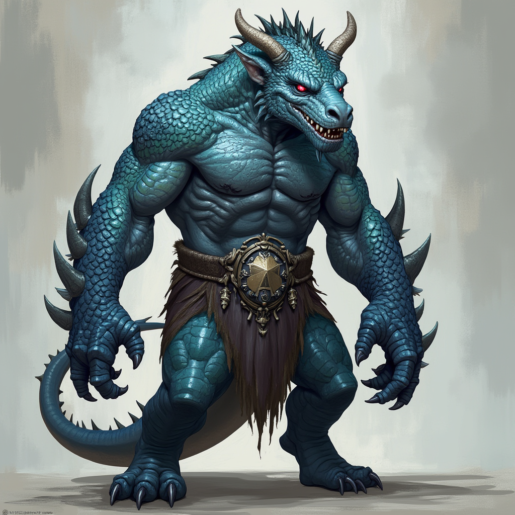 Dungeons and dragons character concept portrait. Male Barbarian, Dragonborn race, The dragonborn is a tall and muscular humanoid, covered in fine, leather scales with larger scales on their forearms, legs, shoulders, and thighs. They have clawed hands and feet with three fingers and a thumb. Their face has a blunt snout, strong brow, and frills near the cheeks and ears. A crest of horn-like scales runs down the back of their head, resembling thick, ropy hair. Their eyes are red or gold Sapphire stone scales, with obsidian colored belly, with Icy blue eyes, , with horns, , intricate, elegant, highly detailed, digital painting, artstation, concept art, smooth, sharp focus, illustration, art by stable diffusion ai's favorite artists