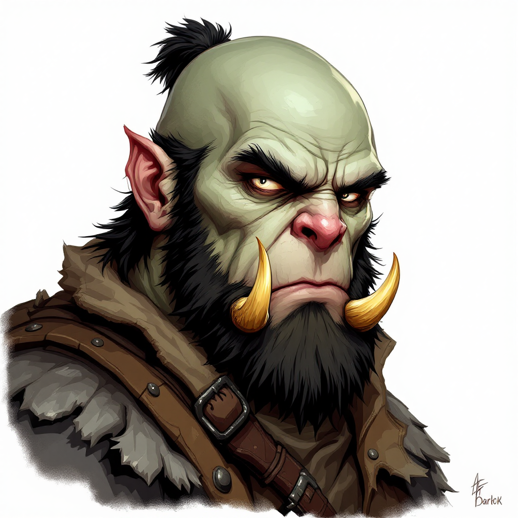 Dungeons and dragons character concept portrait. Male Warlock, Half-Orc race, The half-orc is a robust figure, with a broad and muscular build. They have greenish skin, with pronounced features such as a strong jawline, large tusks protruding from their lower lip, and a prominent brow. Half-orcs have coarse, dark hair. Half-orcs wear rugged, practical clothing suited for combat or hard labor grey skin, white eyes, bald, no beard, , old school dnd portrait, old school dnd character, traditional dnd character art, dungeons and dragons traditional art, 2d character drawing, colored drawing, colorful drawing