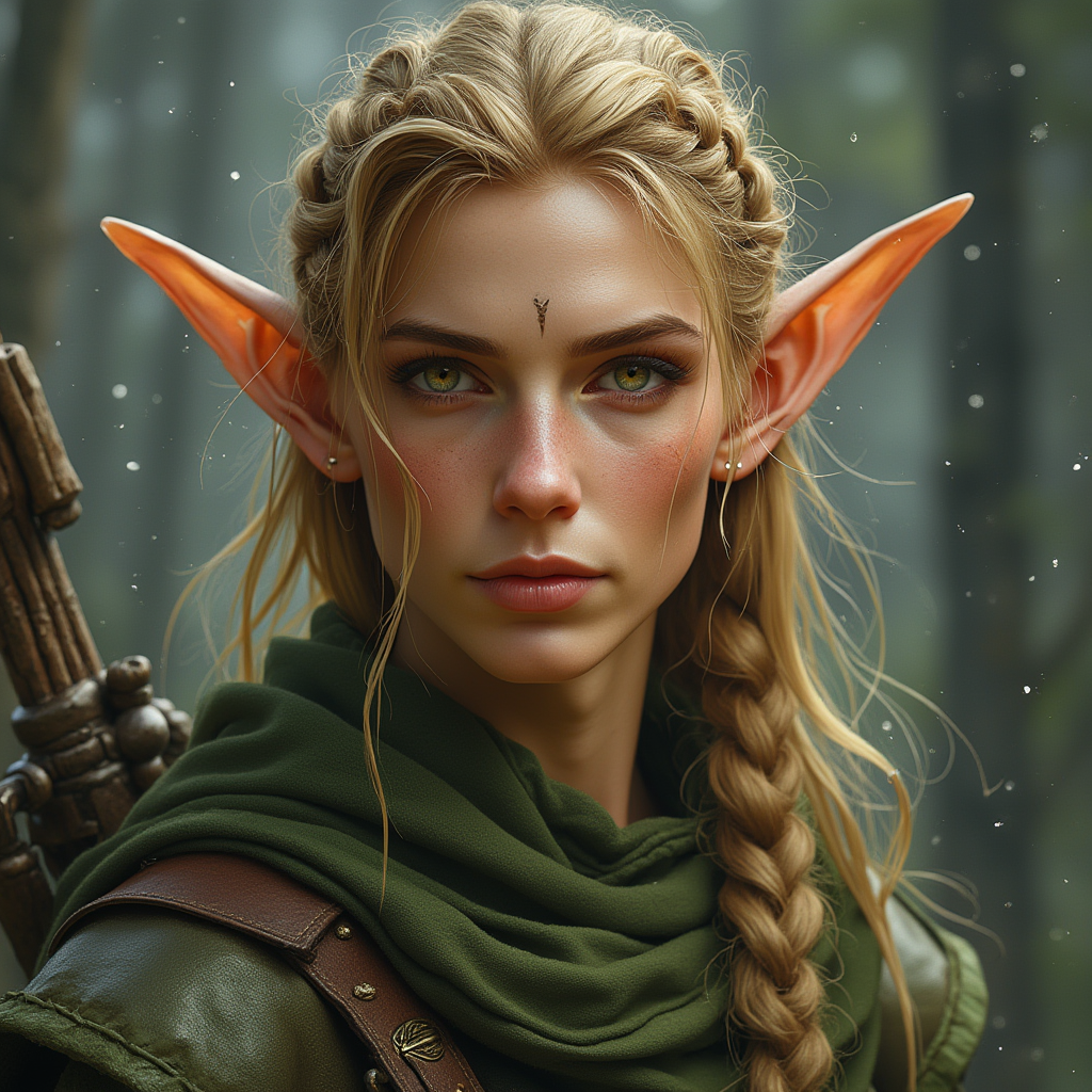 Dungeons and dragons character concept portrait. Male Ranger, Elf race, The elf is a slender, athletic figure, standing about the same height as a human. Elves have bright eyes. Elves have angular features and angular eyes. Their hair long with loose hairstyle Ceridwen, 240 years old, a female middle-aged elven ranger with warm green-brown hazel eyes and golden hair worn in complex braids. androgynous features that look masculine. Happy and charismatic., , dnd photography, dnd live action, realistic dnd portrait, medium shot portrait, highly detailed, dynamic shot, 4k photo