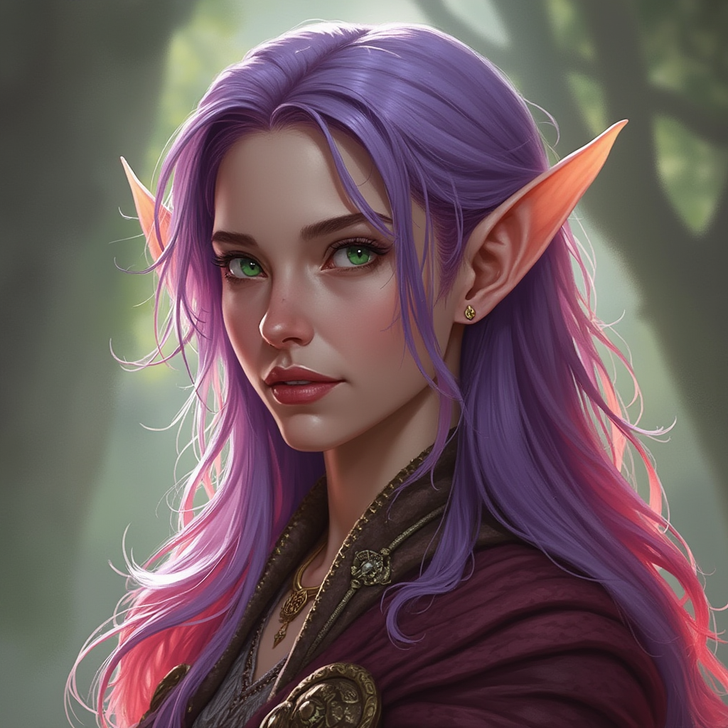 Dungeons and dragons character concept portrait. Female Bard, Elf race, The elf is a slender, athletic figure, standing about the same height as a human. Elves have bright eyes. Elves have angular features and angular eyes. Their hair long with loose hairstyle Purple hair with pink and red highlights, green eyes, button nose, and high cheekbones, , intricate, elegant, highly detailed, digital painting, artstation, concept art, smooth, sharp focus, illustration, art by stable diffusion ai's favorite artists