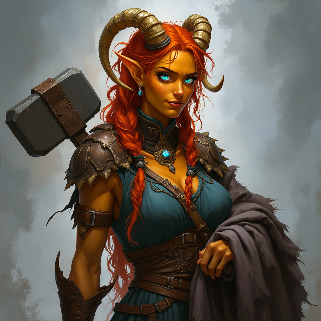 Dungeons and dragons character concept portrait. Female Paladin, Tiefling race, The tiefling is a tall and striking figure with a lean and muscular build. Sharp horns that grow amidst the hairline. Tieflings have glowing eyes which give them an otherworldly appearance. Tieflings favor bold clothing incorporating dark colors and intricate patterns Tiefling female, muscular and stocky, orange-gold skin, bright flamelike blue-white eyes, wavy fire-engine red hair in messy braids, gold-white thin curling multipronged horns, UNARMORED, simple rugged clothing, a large hammer and carved wooden shield on her back, friendly smile, holding a blanket , , intricate, elegant, highly detailed, digital painting, artstation, concept art, smooth, sharp focus, illustration, art by stable diffusion ai's favorite artists