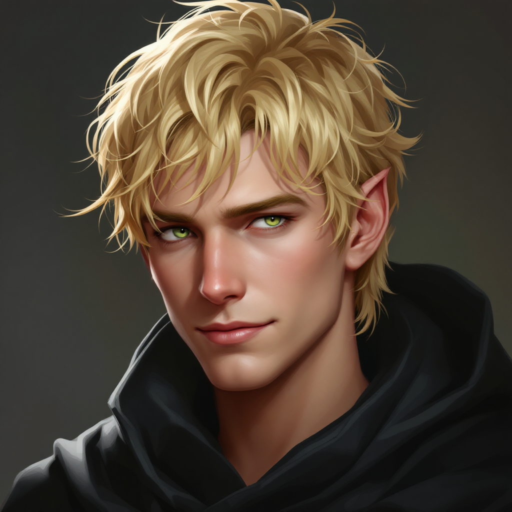 Dungeons and dragons character concept portrait. Male Rogue, Human race, Normal human anatomy and human face, non-fantasy features. Humans have strong jawline and rounded face features, with rounded eyes 21 years old. Hair is messy cropped blonde. Green eyes bright. Smirking. Wears a cloak of elvenkind., , intricate, elegant, highly detailed, digital painting, artstation, concept art, smooth, sharp focus, illustration, art by stable diffusion ai's favorite artists