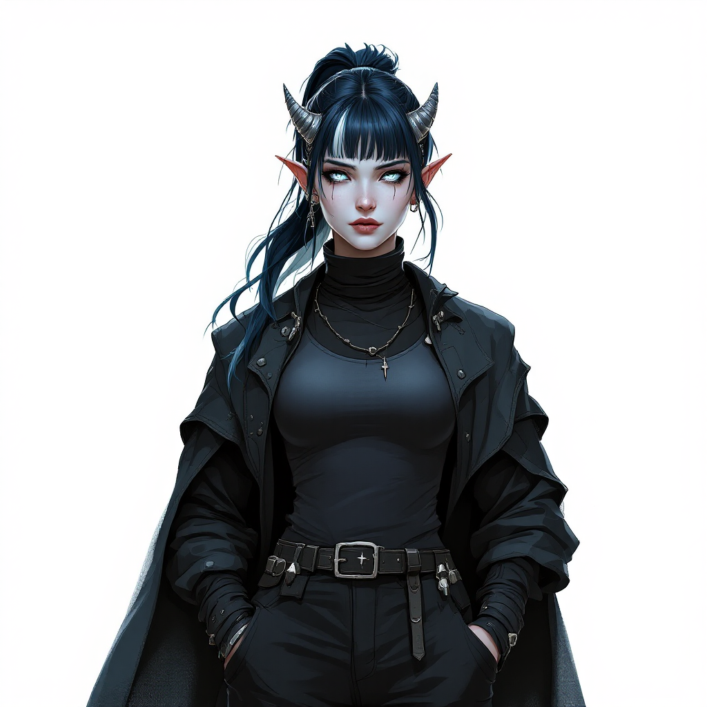 Dungeons and dragons character concept portrait. Male Barbarian, Human race, Normal human anatomy and human face, non-fantasy features. Humans have strong jawline and rounded face features, with rounded eyes Her Skin color pale blue tint. Her Clothing is fitted straight black cargo pants, black combat boots and a turtleneck tank top with a shadowy cloak. Hair is two-toned navy with white, in a long ponytail with straight-cut bangs across the forehead. Ears have many earrings that are spikes. She has a simple black septum piercing. Eyes are pale, glowing gray-blue. Facial expression is bored. She has an oval face shape. Her horns spiral upward and slightly back. Pose Standing with hands in pockets. . Female, , tech dnd character portrait, dnd tech character, highly detailed, high quality tech character, with technology elements, sci-fi dnd character