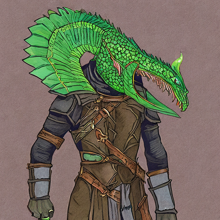Dungeons and dragons character concept portrait. Male Fighter, Dragonborn race, dragon-skin, dragon-face, dragon-nose, dragon-ears, dragon-humanoid, a human with a dragon-head, He has the appearance of a green chameleon Lizard-folk. He wears the Cloak of Arachnida: A fine garment made of black silk interwoven with faint silvery threads, and under the cloak he wears common clothes . He is wielding A Sun Blade: a sword with a silver hilt and a blade of pure golden-white radiance that is thin as a wire. He has green eyes and a 1 single horn centered on his forehead., , intricate, elegant, highly detailed, digital painting, artstation, concept art, smooth, sharp focus, illustration, art by stable diffusion ai's favorite artists