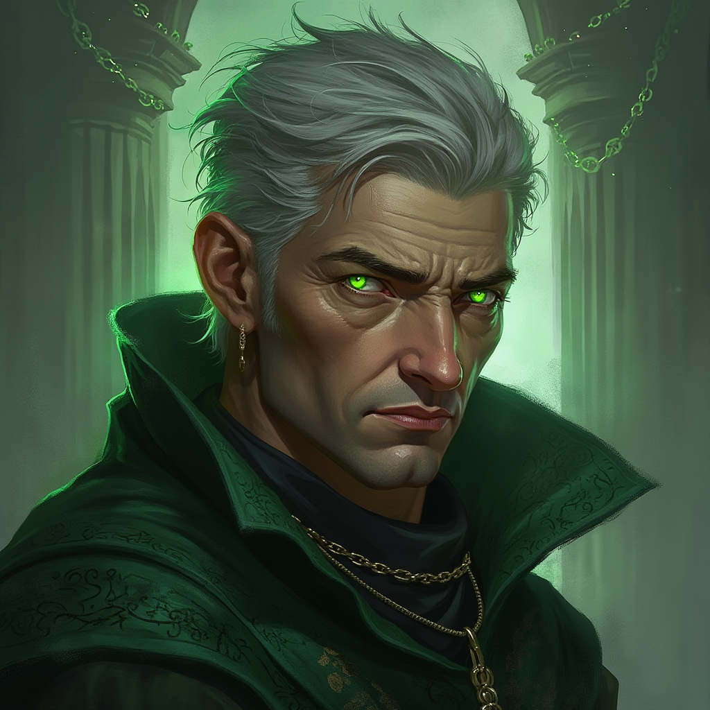 Dungeons and dragons character concept portrait. Male Warlock, Human race, Normal human anatomy and human face, non-fantasy features. Humans have strong jawline and rounded face features, with rounded eyes middle aged human male warlock glowing green eyes short grey hair no facial hair, , intricate, elegant, highly detailed, digital painting, artstation, concept art, smooth, sharp focus, illustration, art by stable diffusion ai's favorite artists