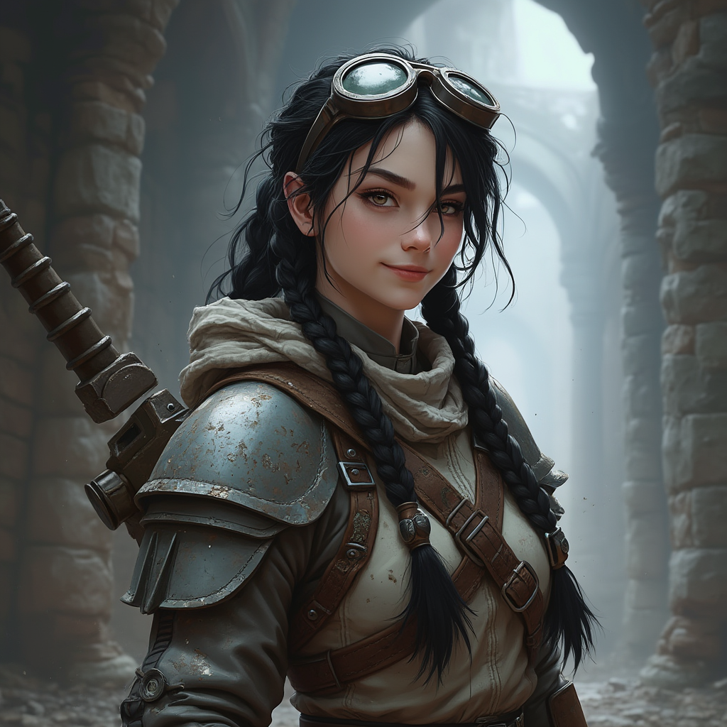 Dungeons and dragons character concept portrait. Female Fighter, Human race, Normal human anatomy and human face, non-fantasy features. Humans have strong jawline and rounded face features, with rounded eyes human, with braided black hair, pale skin, gray skin, smug, smirk, grin, smile, light armor, coat, goggles, engineer, , dnd photography, dnd live action, realistic dnd portrait, medium shot portrait, highly detailed, dynamic shot, 4k photo