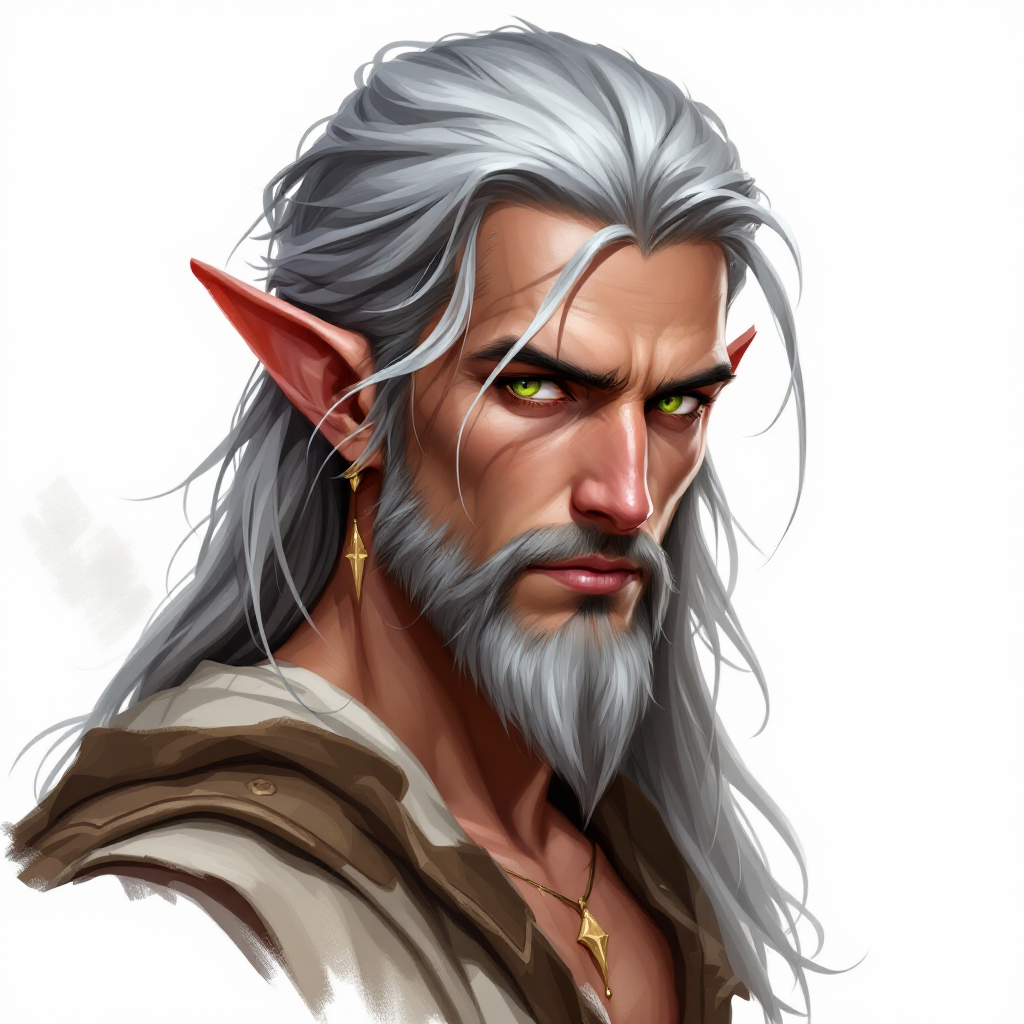 Dungeons and dragons character concept portrait. Male Druid, Elf race, The elf is a slender, athletic figure, standing about the same height as a human. Elves have bright eyes. Elves have angular features and angular eyes. Their hair long with loose hairstyle with grey hair, with green eyes, with a pointed beard, , intricate, elegant, highly detailed, digital painting, artstation, concept art, smooth, sharp focus, illustration, art by stable diffusion ai's favorite artists