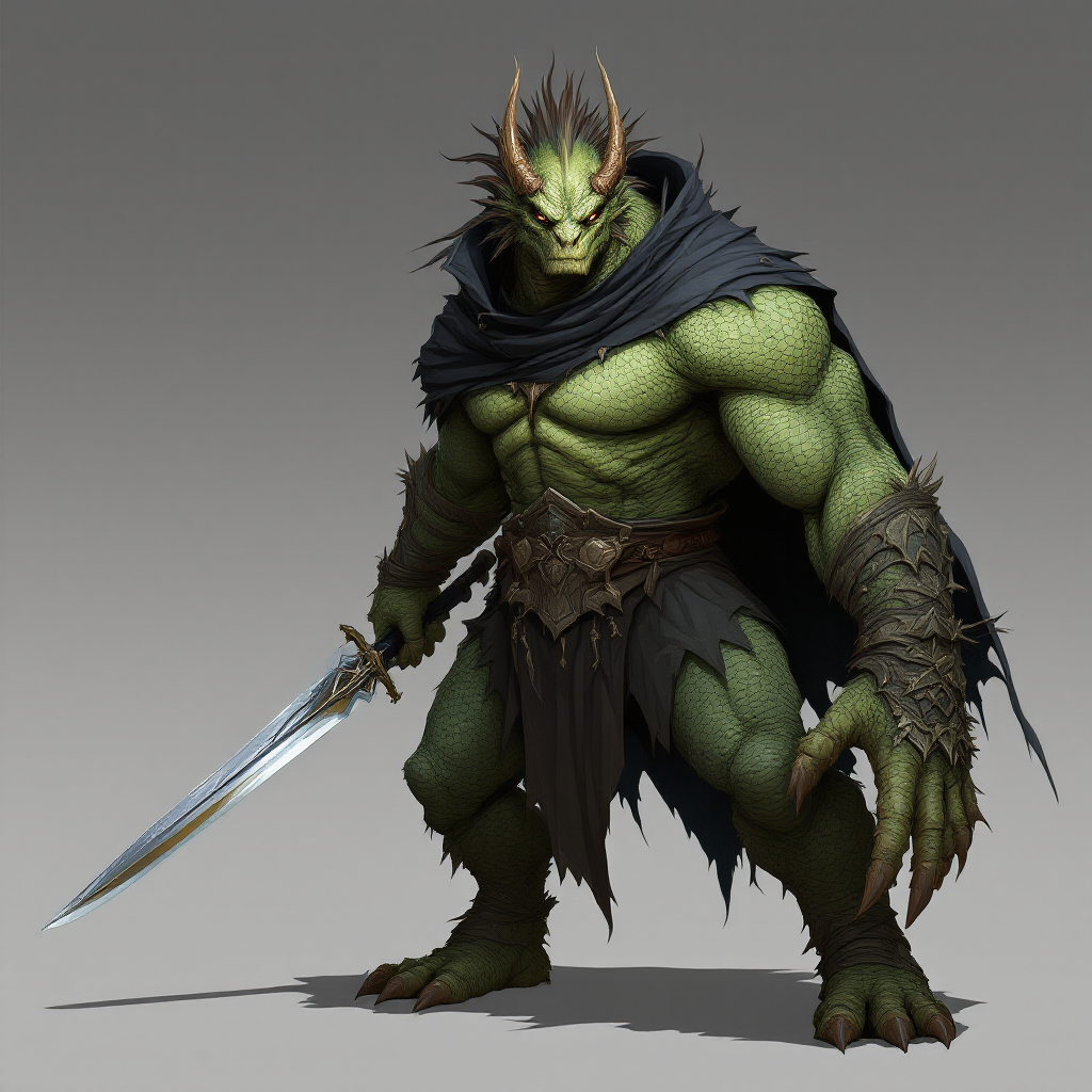 Dungeons and dragons character concept portrait. Male Fighter, Dragonborn race, The dragonborn is a tall and muscular humanoid, covered in fine, leather scales with larger scales on their forearms, legs, shoulders, and thighs. They have clawed hands and feet with three fingers and a thumb. Their face has a blunt snout, strong brow, and frills near the cheeks and ears. A crest of horn-like scales runs down the back of their head, resembling thick, ropy hair. Their eyes are red or gold He has the appearance of a green chameleon Lizard-folk. He wears the Cloak of Arachnida: A fine garment made of black silk interwoven with faint silvery threads, and under the cloak he wears common clothes . He is wielding A Sun Blade: a sword with a silver hilt and a blade of pure golden-white radiance that is thin as a wire. He has green eyes and a 1 single horn centered on his forehead., with green skin, , tech dnd character portrait, dnd tech character, highly detailed, high quality tech character, with technology elements, sci-fi dnd character