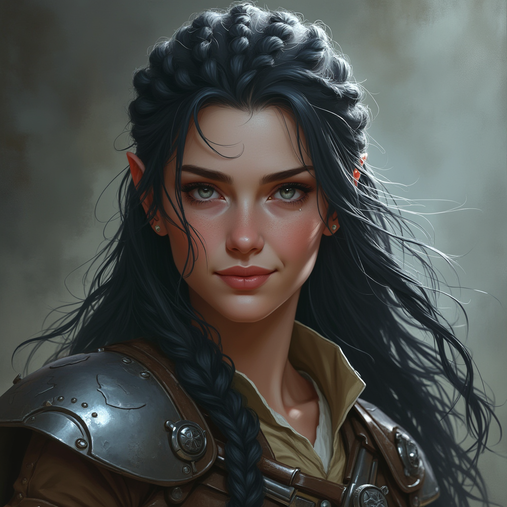 Dungeons and dragons character concept portrait. Female Fighter, Human race, Normal human anatomy and human face, non-fantasy features. Humans have strong jawline and rounded face features, with rounded eyes black hair, long hair, grey eyes, silver eyes, confident, engineer, pale skin, ashen skin, gunblade, gunbreaker, braided hair, smile, smug, , dnd photography, dnd live action, realistic dnd portrait, medium shot portrait, highly detailed, dynamic shot, 4k photo