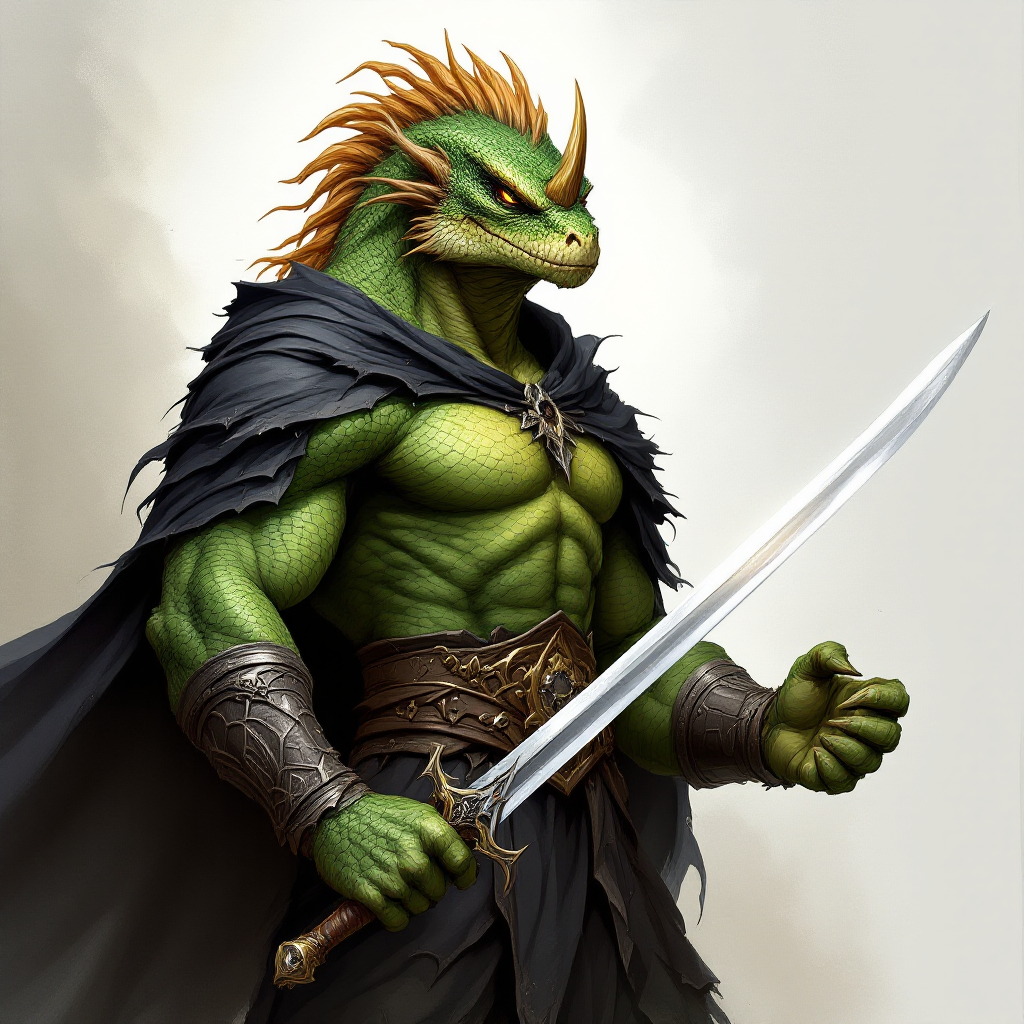 Dungeons and dragons character concept portrait. Male Fighter, Dragonborn race, The dragonborn is a tall and muscular humanoid, covered in fine, leather scales with larger scales on their forearms, legs, shoulders, and thighs. They have clawed hands and feet with three fingers and a thumb. Their face has a blunt snout, strong brow, and frills near the cheeks and ears. A crest of horn-like scales runs down the back of their head, resembling thick, ropy hair. Their eyes are red or gold He has the appearance of a green chameleon Lizard-folk. He wears the Cloak of Arachnida: A fine garment made of black silk interwoven with faint silvery threads, and under the cloak he wears common clothes . He is wielding A Sun Blade: a sword with a silver hilt and a blade of pure golden-white radiance that is thin as a wire. He has green eyes and a 1 single horn centered on his forehead., with green skin, , tech dnd character portrait, dnd tech character, highly detailed, high quality tech character, with technology elements, sci-fi dnd character