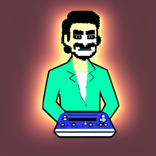 Beautiful cartoon 2D portrait render of a Adult Male, cartoon with Light-Brown eyes, with Dark-Brown hair and Curly hair, “A humanoid AI talk show host with a vintage CRT monitor for a head, showing a glowing sarcastic pixel face. The body is angular, matte black with glowing neon circuit lines. Wearing a futuristic blazer, sitting at a glitchy holographic desk. Stylized in a 2D animated, retro-sci-fi comedy art style. The background is a vaporwave space studio with floating data icons and scrolling code. Add subtle glitch effects and shadows for depth.”, cartoon, cartoon eyes, 2D cartoon character, cartoon style, medium shot, smooth, sharp focus, illustration, studio quality, trending on artstation