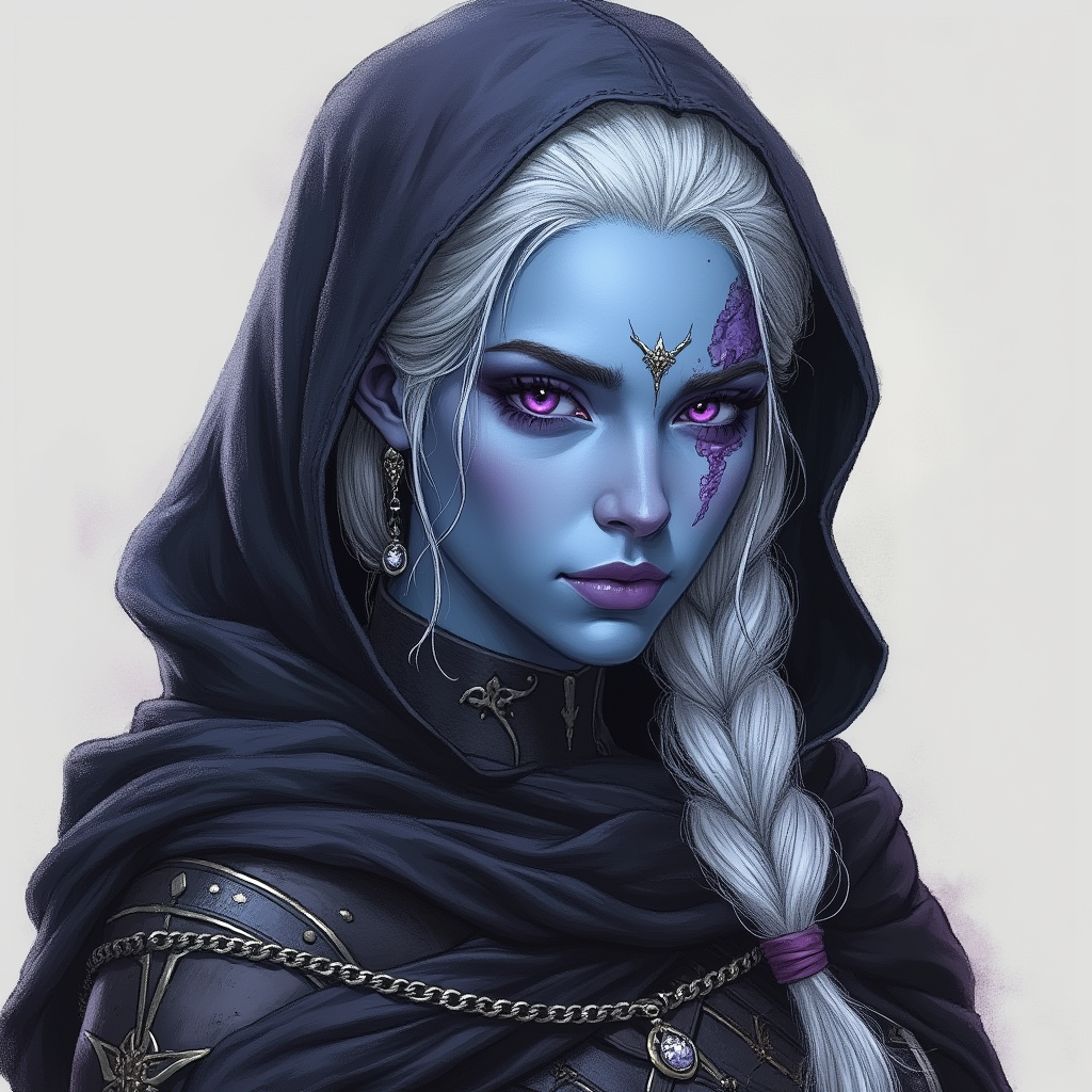 Dungeons and dragons character concept portrait. Female Ranger, Drow race, The drow, or dark elf, is a slender figure, with dark gray to nearly black skin. Their hair is stark white or pale silver, contrasting sharply with their skin. Drow have sharp, angular features, and vibrant eyes and angular eyes. They wear dark, elegant clothing with intricate details reflecting their underground and mysterious origins female 27 year old drow ranger scar on the face, with blue skin, with dark purple eyes, with BLACK hair in one braid, wearing a hood, , dnd hand drawing, dnd drawing portrait, dnd character drawing, highly detailed hand drawing, high quality character drawing, colored drawing, colorful drawing, light background, solid background