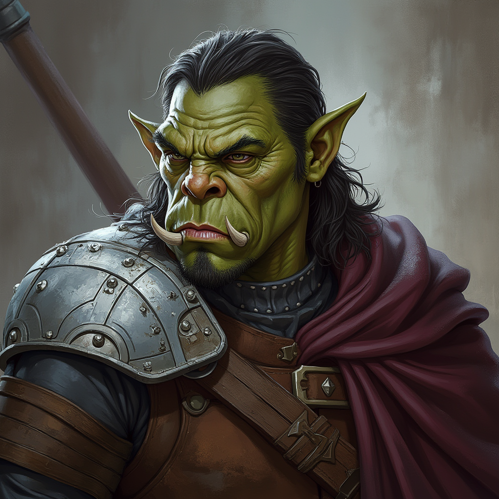 Dungeons and dragons character concept portrait. Male Paladin, Half-Orc race, The half-orc is a robust figure, with a broad and muscular build. They have greenish skin, with pronounced features such as a strong jawline, large tusks protruding from their lower lip, and a prominent brow. Half-orcs have coarse, dark hair. Half-orcs wear rugged, practical clothing suited for combat or hard labor , intricate, elegant, highly detailed, digital painting, artstation, concept art, smooth, sharp focus, illustration, art by stable diffusion ai's favorite artists