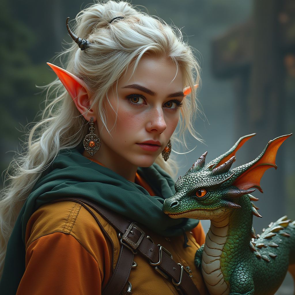 Dungeons and dragons character concept portrait. Female Fighter, Gnome race, The gnome have bright eyes, and an expressive demeanor. They use earrings. Gnomes favor colorful, mismatched clothing with pet dragon, , dnd photography, dnd live action, realistic dnd portrait, medium shot portrait, highly detailed, dynamic shot, 4k photo