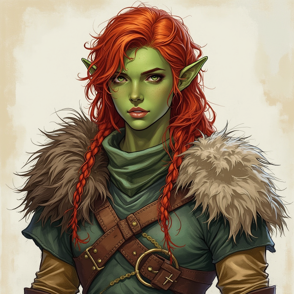 Dungeons and dragons character concept portrait. Male Barbarian, Human race, Normal human anatomy and human face, non-fantasy features. Humans have strong jawline and rounded face features, with rounded eyes female forest gnome ranger with green skin red hair green eyes , , dnd hand drawing, dnd drawing portrait, dnd character drawing, highly detailed hand drawing, high quality character drawing, colored drawing, colorful drawing, light background, solid background