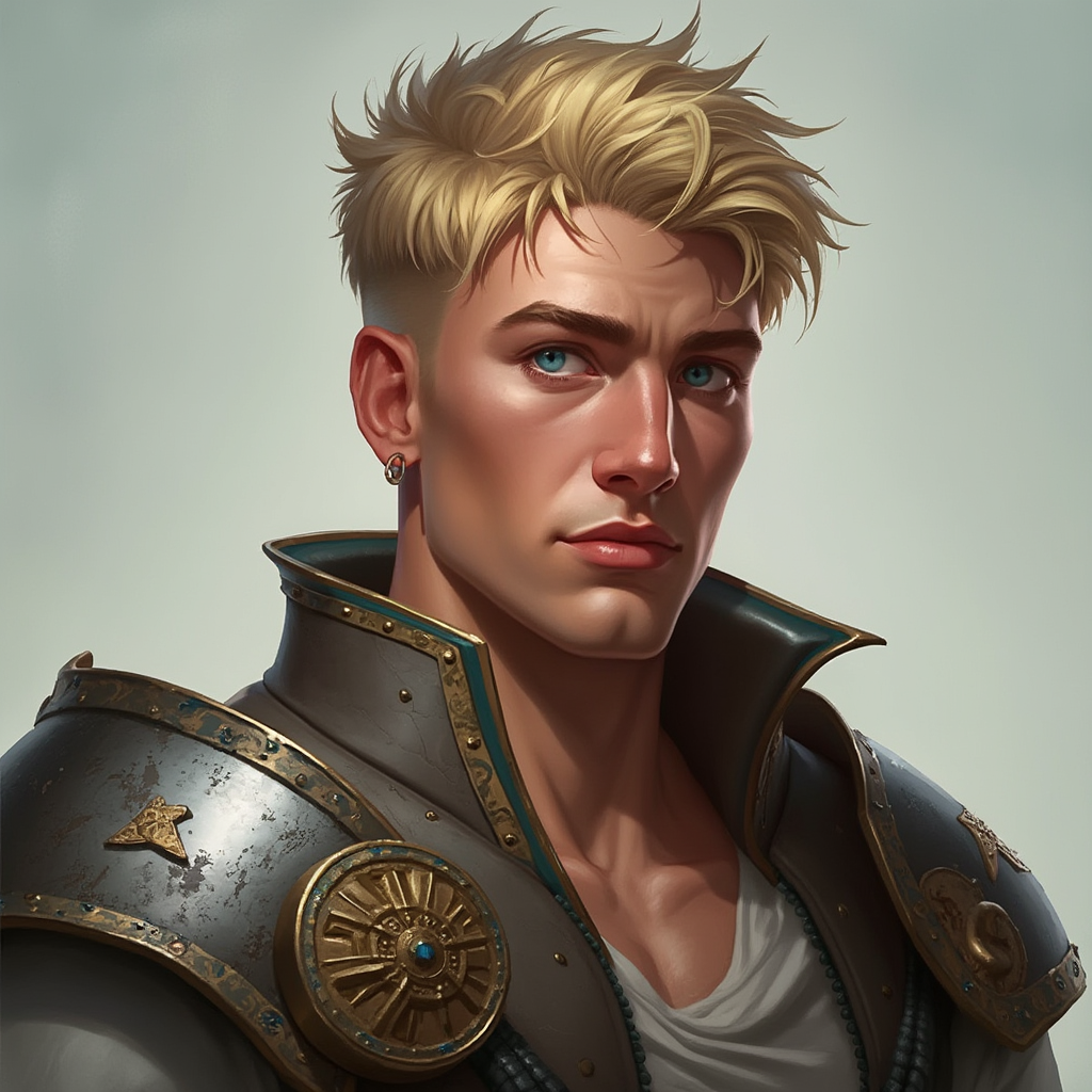 Dungeons and dragons character concept portrait. Male Fighter, Human race, Normal human anatomy and human face, non-fantasy features. Humans have strong jawline and rounded face features, with rounded eyes short blonde hair young muscley broad thick neck blue eyes no facial hair, , intricate, elegant, highly detailed, digital painting, artstation, concept art, smooth, sharp focus, illustration, art by stable diffusion ai's favorite artists