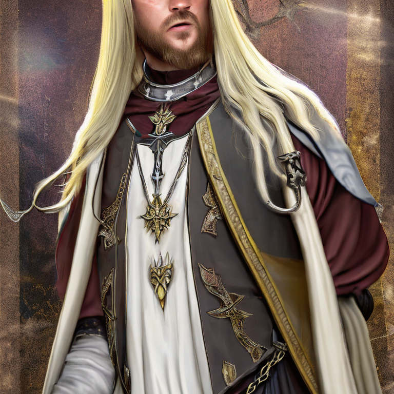 GURPS character concept portrait. Male Cleric, Human race,  Blonde Long Hair , Cleric Vestments ,chain Shirt , a long sword, holy symbol ,a missing Ring finger on right hand, religious Tattoos, with a hood , and antlers,  intricate, elegant, highly detailed, digital painting, artstation, concept art, smooth, sharp focus, illustration, art by stable diffusion ai's favorite artists