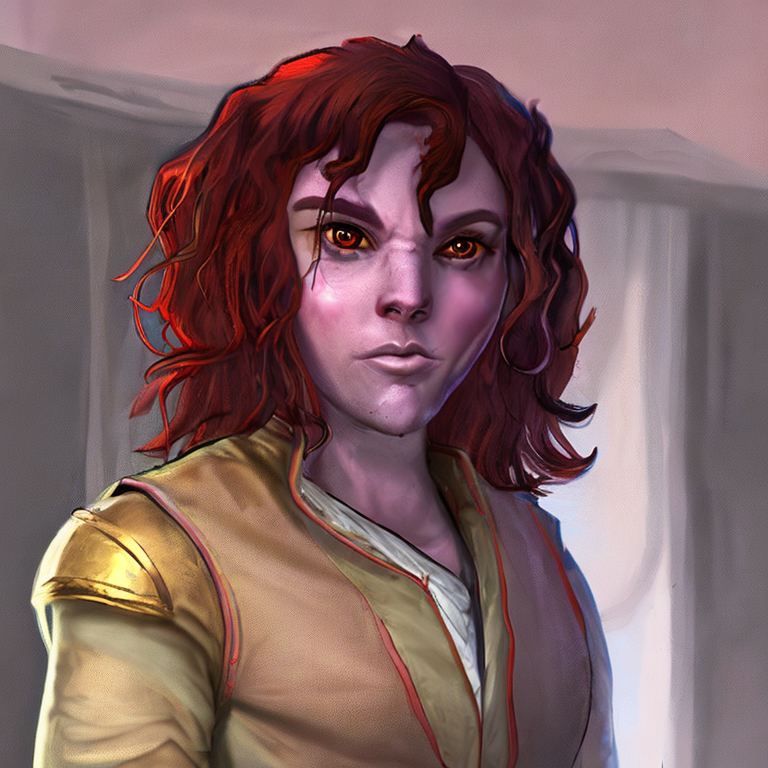 Dungeons and dragons character concept portrait. Male Human race, Good tendencies, Farmer profession, work clothes, farmer clothes, beige clothes, Working Class social class,  female tiefling purple skin curly auburn hair gold eyes,  front-facing portrait, medium shot, intricate, elegant, highly detailed, digital painting, artstation, concept art, smooth, sharp focus, illustration, art by stable diffusion ai's favorite artists