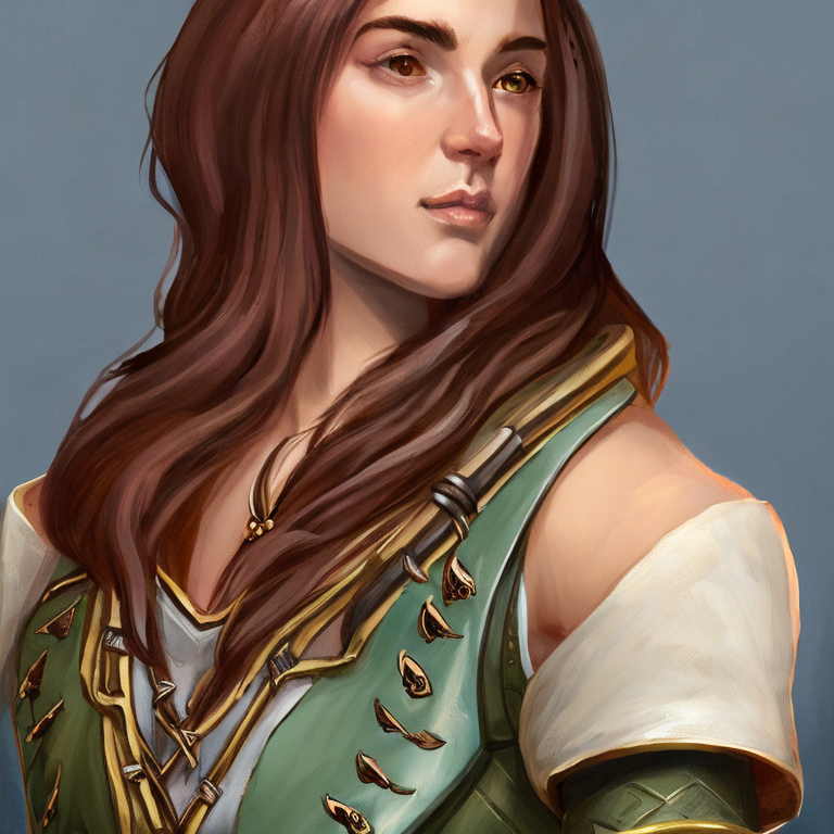 Dungeons and dragons character concept portrait. Female Bard, Human race,  auburn chestnut hair female human bard brown eyes shoulder length hair beautiful lively twinkle in her eye, , intricate, elegant, highly detailed, digital painting, artstation, concept art, smooth, sharp focus, illustration, art by stable diffusion ai's favorite artists