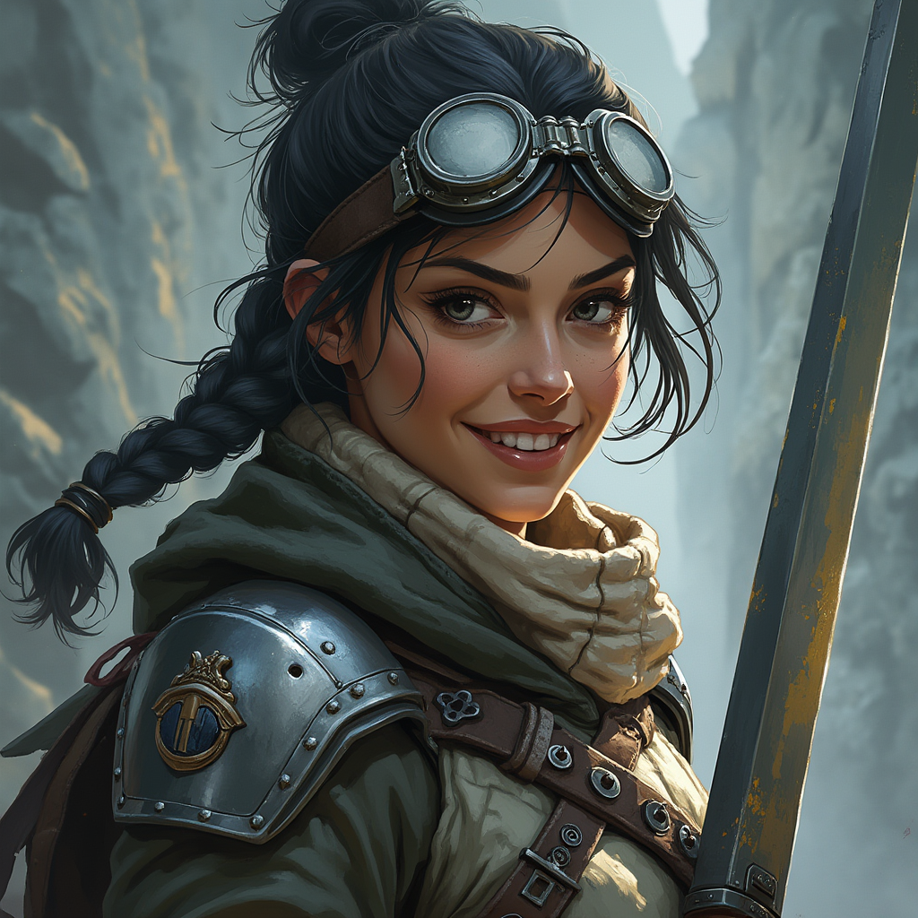 Dungeons and dragons character concept portrait. Female Fighter, Human race, Normal human anatomy and human face, non-fantasy features. Humans have strong jawline and rounded face features, with rounded eyes black hair, grey eyes, silver eyes, confident, engineer, pale skin, ashen skin, gunblade, gunbreaker, braided hair, smile, smug, light armor, goggles, human, grey skin, long coat, leather armor, gunsword, , dnd photography, dnd live action, realistic dnd portrait, medium shot portrait, highly detailed, dynamic shot, 4k photo