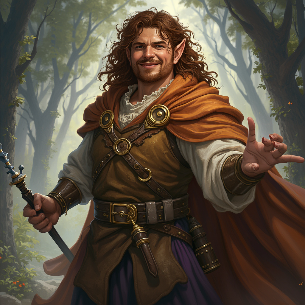 Dungeons and dragons character concept portrait. Male Sorcerer, Halflin race, The halfling is a stocky figure. They have a round face, large, expressive eyes, and a cheerful demeanor. Their hair is curly or wavy. Their attire feature earthy colors , intricate, elegant, highly detailed, digital painting, artstation, concept art, smooth, sharp focus, illustration, art by stable diffusion ai's favorite artists