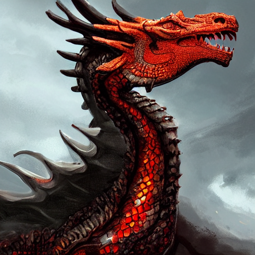 A portrait showing the  head of a dragon with Red scales, Black-eyed dragon, with long neck in the shape of an S, dragon with Black eyes, western dragon, In a cave, with treasure, blowing fire, with curved horns,  intricate, elegant, highly detailed, digital painting, artstation, concept art, smooth, sharp focus, illustration, epic fantasy, epic professional digital art by greg rutkowski