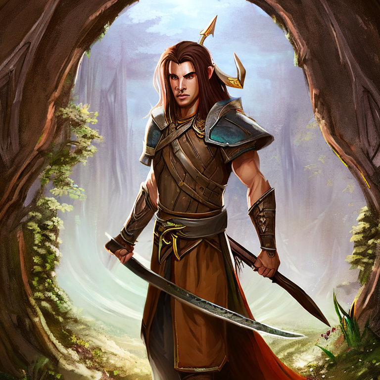 Dungeons and dragons character concept portrait. Male Fighter, Elf race,  tall height,  with long hair, elf, primary weapon is a long bow, also has a long sword  , , intricate, elegant, highly detailed, digital painting, artstation, concept art, smooth, sharp focus, illustration, art by stable diffusion ai's favorite artists