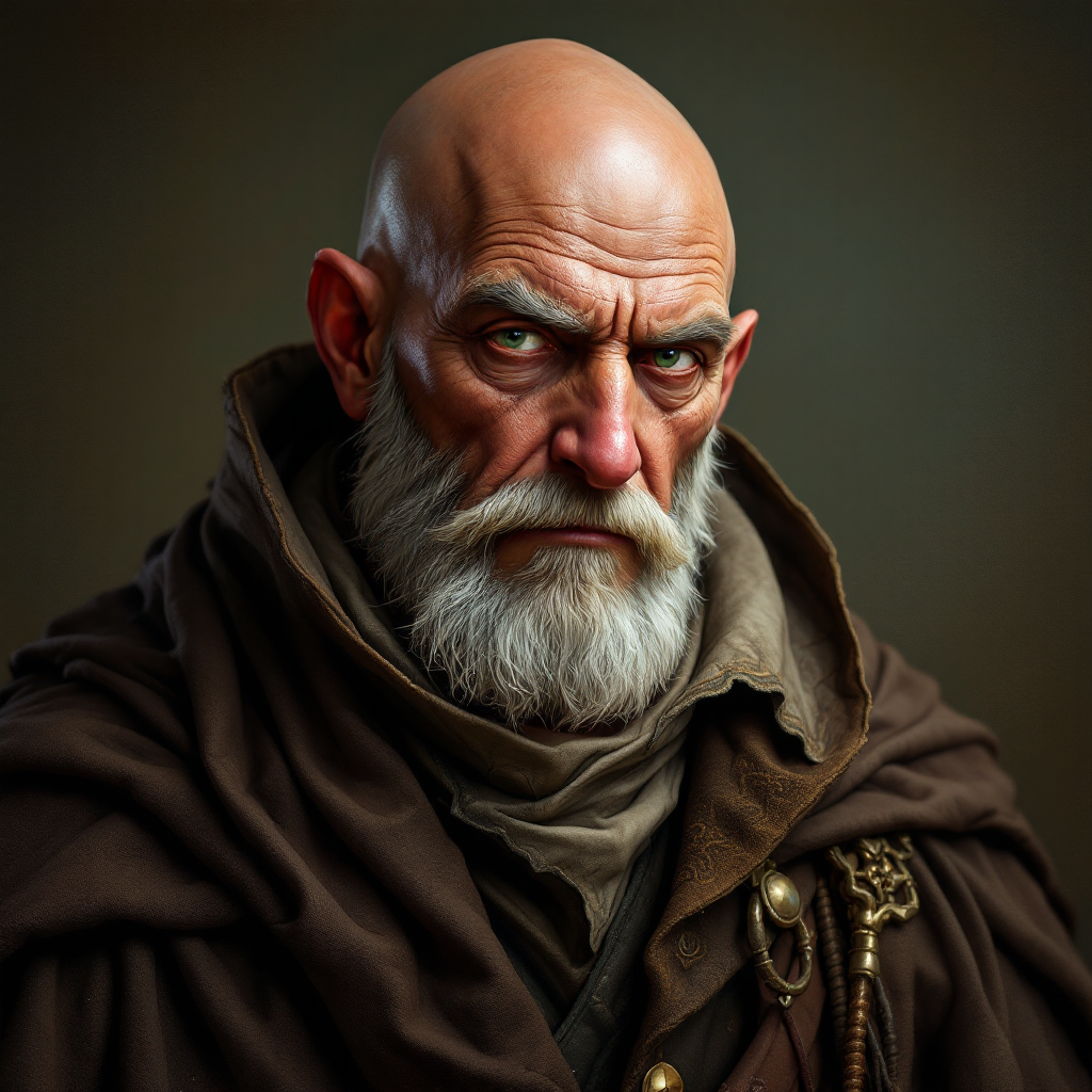 Dungeons and dragons character concept portrait. Male Wizard, Human race, Normal human anatomy and human face, non-fantasy features. Humans have strong jawline and rounded face features, with rounded eyes Gavin Montagu is a 70 year old male human banker.  He has a bald head and green eyes.  He has rugged brown skin.  He stands 174cm (5'8