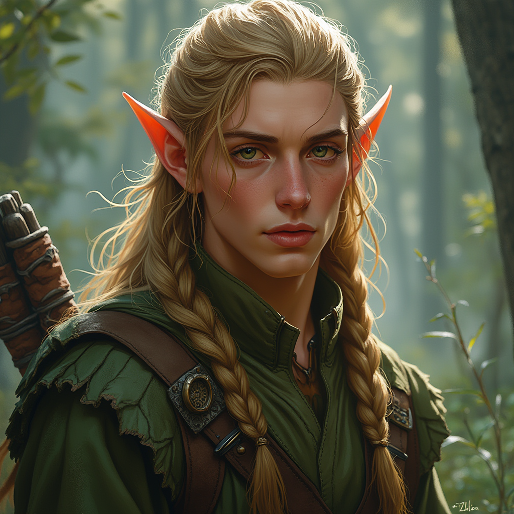 Dungeons and dragons character concept portrait. Male Ranger, Elf race, The elf is a slender, athletic figure, standing about the same height as a human. Elves have bright eyes. Elves have angular features and angular eyes. Their hair long with loose hairstyle Ceridwen, 240 years old, a non-binary middle-aged elven ranger with warm green-brown hazel eyes and golden hair worn in complex braids. androgynous features that look masculine. Happy and charismatic., , dnd photography, dnd live action, realistic dnd portrait, medium shot portrait, highly detailed, dynamic shot, 4k photo