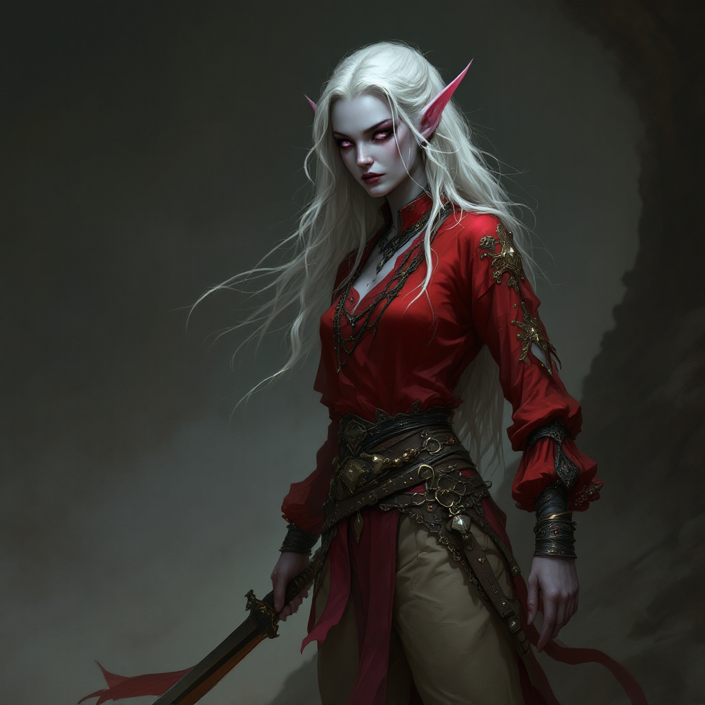 Dungeons and dragons character concept portrait. Female Bard, Drow race, The drow, or dark elf, is a slender figure, with dark gray to nearly black skin. Their hair is stark white or pale silver, contrasting sharply with their skin. Drow have sharp, angular features, and vibrant eyes and angular eyes. They wear dark, elegant clothing with intricate details reflecting their underground and mysterious origins Dungeons and dragons character full body portrait, Female,  a red colored gipsy shirt, beige leather laced pants.  30 year old female half drow elf bard, sad face, very long wavy black hair without any white hair, hears are not pointy, Dark purple eyes, grey skin. 160cm tall and is slim, one dagger and one scimitar on belt, No tatoos or marks. dnd photography, dnd live action, realistic dnd portrait,highly detailed, dynamic shot, 4k photo, , intricate, elegant, highly detailed, digital painting, artstation, concept art, smooth, sharp focus, illustration, art by stable diffusion ai's favorite artists