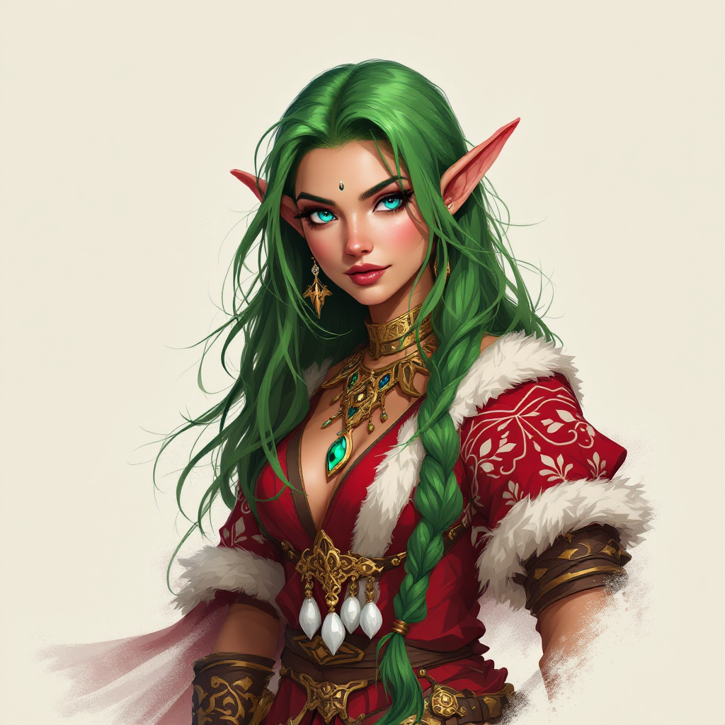 Dungeons and dragons character concept portrait. Female Druid, Dwarf race, The dwarf is a short and broad figure. Dwarves have long hair. Dwarves have rounded face features. Their clothing and gear are decorated with bold geometric designs, gems, and ancestral faces mischief making Christmas elf with green long hair and spakling blue eyes with a sword also she has a red and white dress, , dnd comics character drawing, dnd comics character, 2d comics drawing, marvel comics style character, dc comics style character