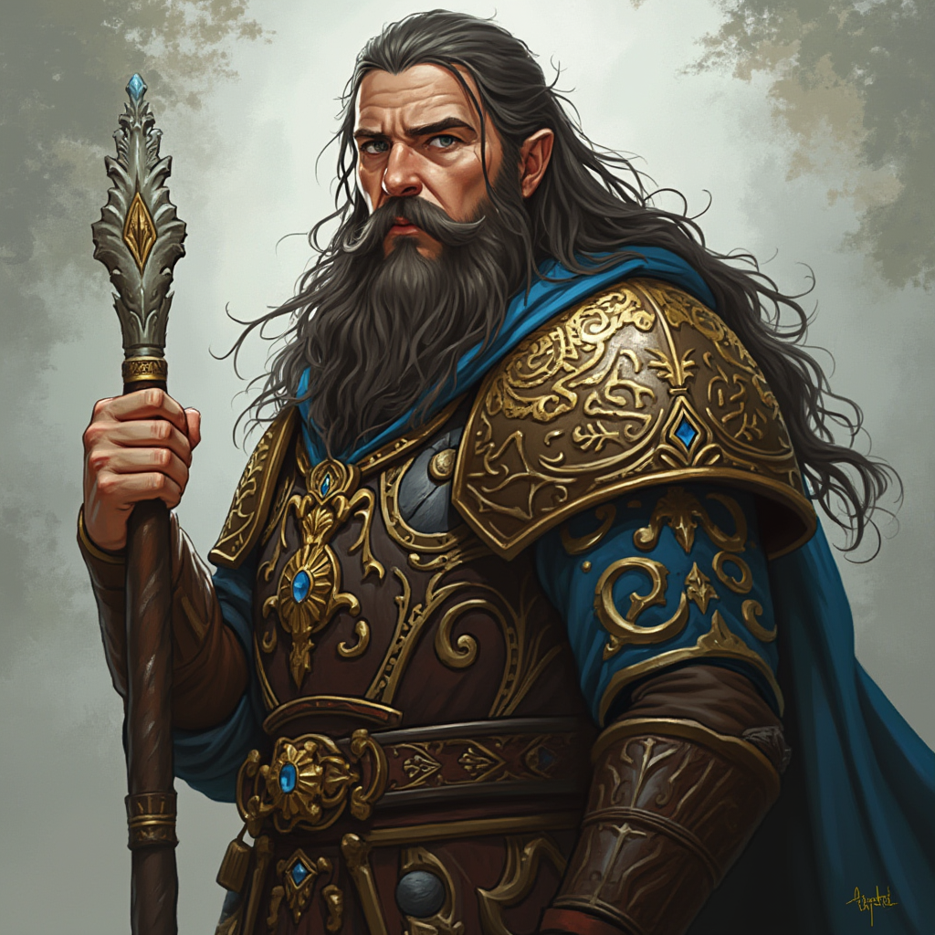Dungeons and dragons character concept portrait. Male Cleric, Dwarf race, The dwarf is a short and broad figure. Dwarves have long hair. Dwarves have rounded face features. Their clothing and gear are decorated with bold geometric designs, gems, and ancestral faces hill dwarf temptest cleric wise dark hair, , intricate, elegant, highly detailed, digital painting, artstation, concept art, smooth, sharp focus, illustration, art by stable diffusion ai's favorite artists