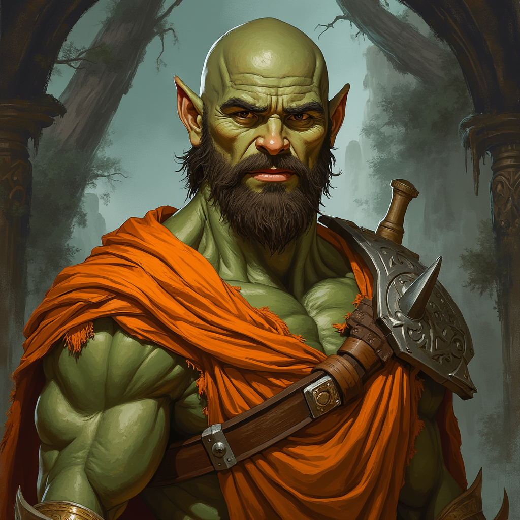 Dungeons and dragons character concept portrait. Male Barbarian, Human race, Normal human anatomy and human face, non-fantasy features. Humans have strong jawline and rounded face features, with rounded eyes tall masculine half orc no beard, bald, orange clothes, brown eyes, with green skin, no beard, no facial hair except for eyebrows. Round ears, calm demeaner, smile, , dnd anime character portrait, dnd anime character, highly detailed, high quality anime character
