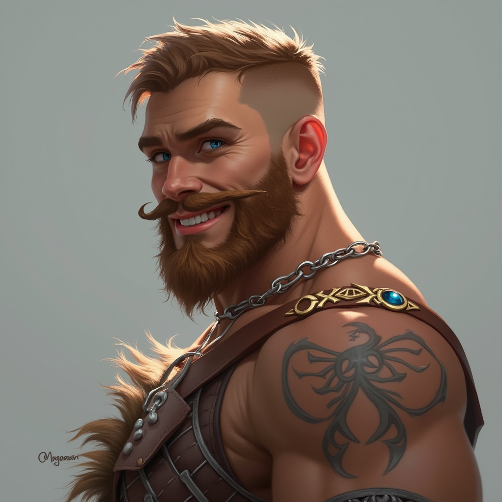 Dungeons and dragons character concept portrait. Male Barbarian, Human race, Normal human anatomy and human face, non-fantasy features. Humans have strong jawline and rounded face features, with rounded eyes gambler with short beard with sapphire color eyes with a charming smile, , intricate, elegant, highly detailed, digital painting, artstation, concept art, smooth, sharp focus, illustration, art by stable diffusion ai's favorite artists