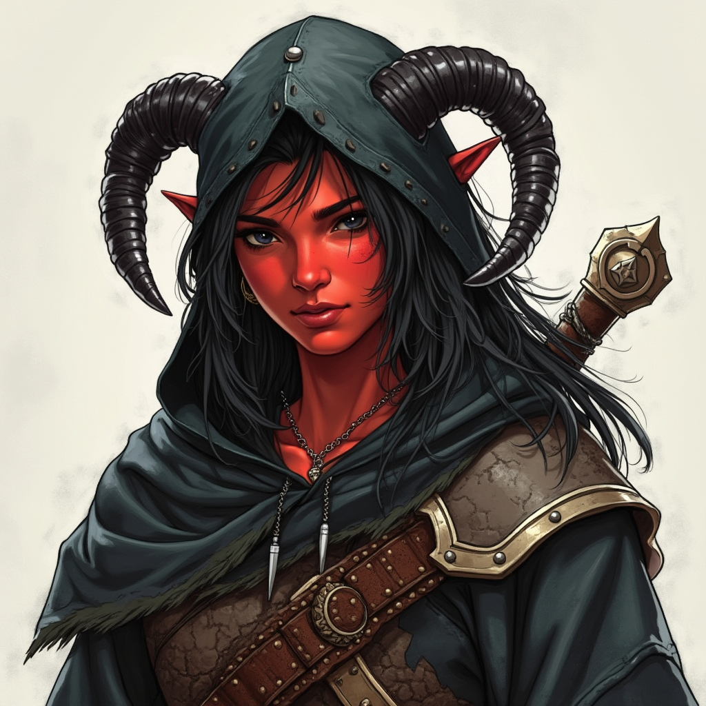 Dungeons and dragons character concept portrait. Male Barbarian, Human race, Normal human anatomy and human face, non-fantasy features. Humans have strong jawline and rounded face features, with rounded eyes girl with black hair, black eyes, wearing black hood, long crooked ears, black horns, red skin, , dnd hand drawing, dnd drawing portrait, dnd character drawing, highly detailed hand drawing, high quality character drawing, colored drawing, colorful drawing, light background, solid background