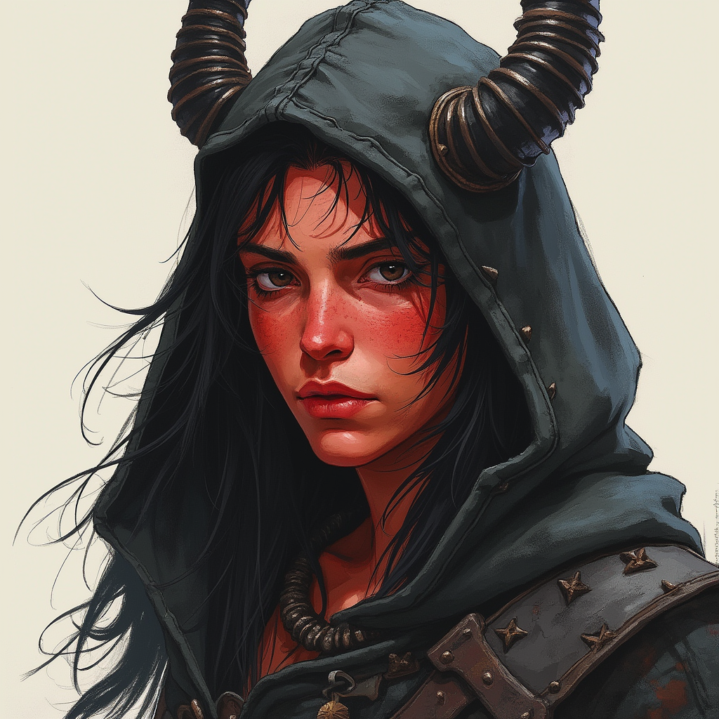 Dungeons and dragons character concept portrait. Male Barbarian, Human race, Normal human anatomy and human face, non-fantasy features. Humans have strong jawline and rounded face features, with rounded eyes girl with black hair, black eyes, wearing black hood, long crooked ears, black horns, red skin, , dnd hand drawing, dnd drawing portrait, dnd character drawing, highly detailed hand drawing, high quality character drawing, colored drawing, colorful drawing, light background, solid background