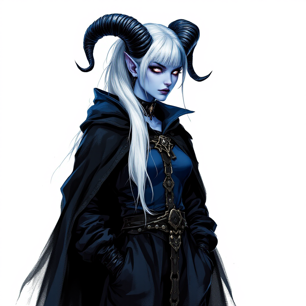 Dungeons and dragons character concept portrait. Female Sorcerer, Tiefling race, The tiefling is a tall and striking figure with a lean and muscular build. Sharp horns that grow amidst the hairline. Tieflings have glowing eyes which give them an otherworldly appearance. Tieflings favor bold clothing incorporating dark colors and intricate patterns Two-tone Navy and white Hair in a long ponytail with straight-cut bangs. Very pale blue skin. Emo/goth style clothes and a shadowy cape. Standing with hands in pockets. Black ram style horns, , old school dnd portrait, old school dnd character, traditional dnd character art, dungeons and dragons traditional art, 2d character drawing, colored drawing, colorful drawing