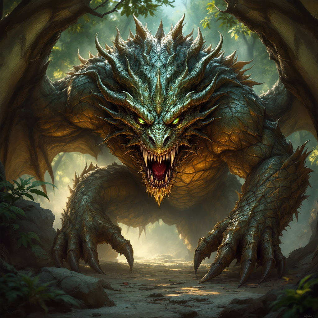 The DnD Monster is a menacing creature that represents a threat. DnD Monster. Bronze Male monster  Deep bronze scales, green eyes in forest, . Dungeons and dragons monster concept portrait, intricate, elegant, highly detailed, digital painting, artstation, concept art, smooth, sharp focus, illustration, art by stable diffusion ai's favorite artists