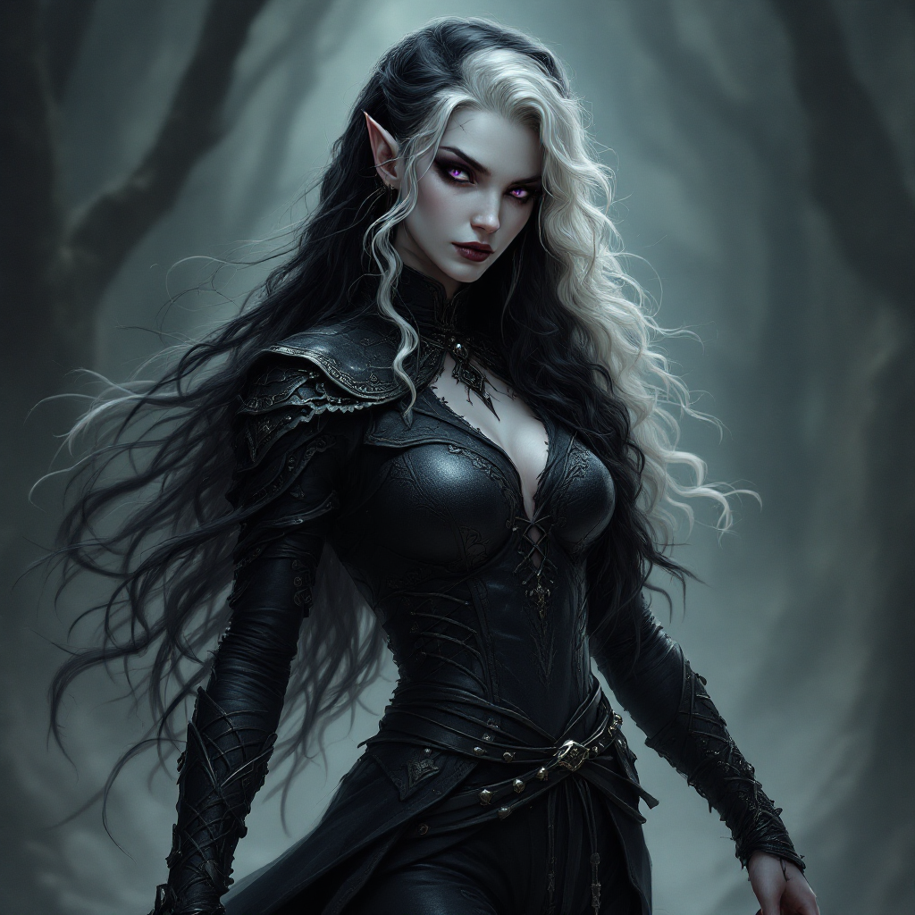 Dungeons and dragons character concept portrait. Female Bard, Drow race, The drow, or dark elf, is a slender figure, with dark gray to nearly black skin. Their hair is stark white or pale silver, contrasting sharply with their skin. Drow have sharp, angular features, and vibrant eyes and angular eyes. They wear dark, elegant clothing with intricate details reflecting their underground and mysterious origins Dungeons and dragons character full body portrait. Female ,  hair is curly or wavy. clothed like a gipsies but with leather laced pants.  30 year old female half drow elf bard. She has long, curled, very long black hair and dark purple eyes. She has grey skin. She stands 160cm tall and is slim. No tatoos or marks. dnd photography, dnd live action, realistic dnd portrait,highly detailed, dynamic shot, 4k photo, , intricate, elegant, highly detailed, digital painting, artstation, concept art, smooth, sharp focus, illustration, art by stable diffusion ai's favorite artists